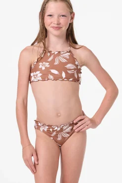 Swimwear^O'Neill Girl's Nomad Floral Ruffle Edge High Neck Set - | carob brown