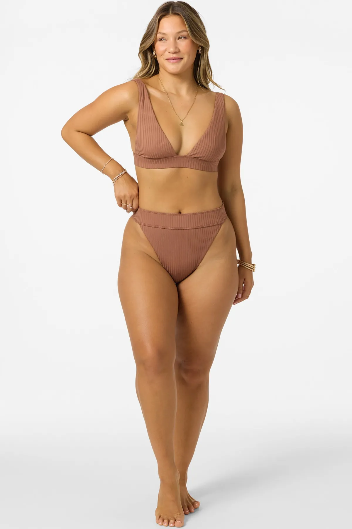 Bikini Bottoms^O'Neill Shorebreak Rib Santa Barbara High Rise Cheeky Bottoms - | carob brown